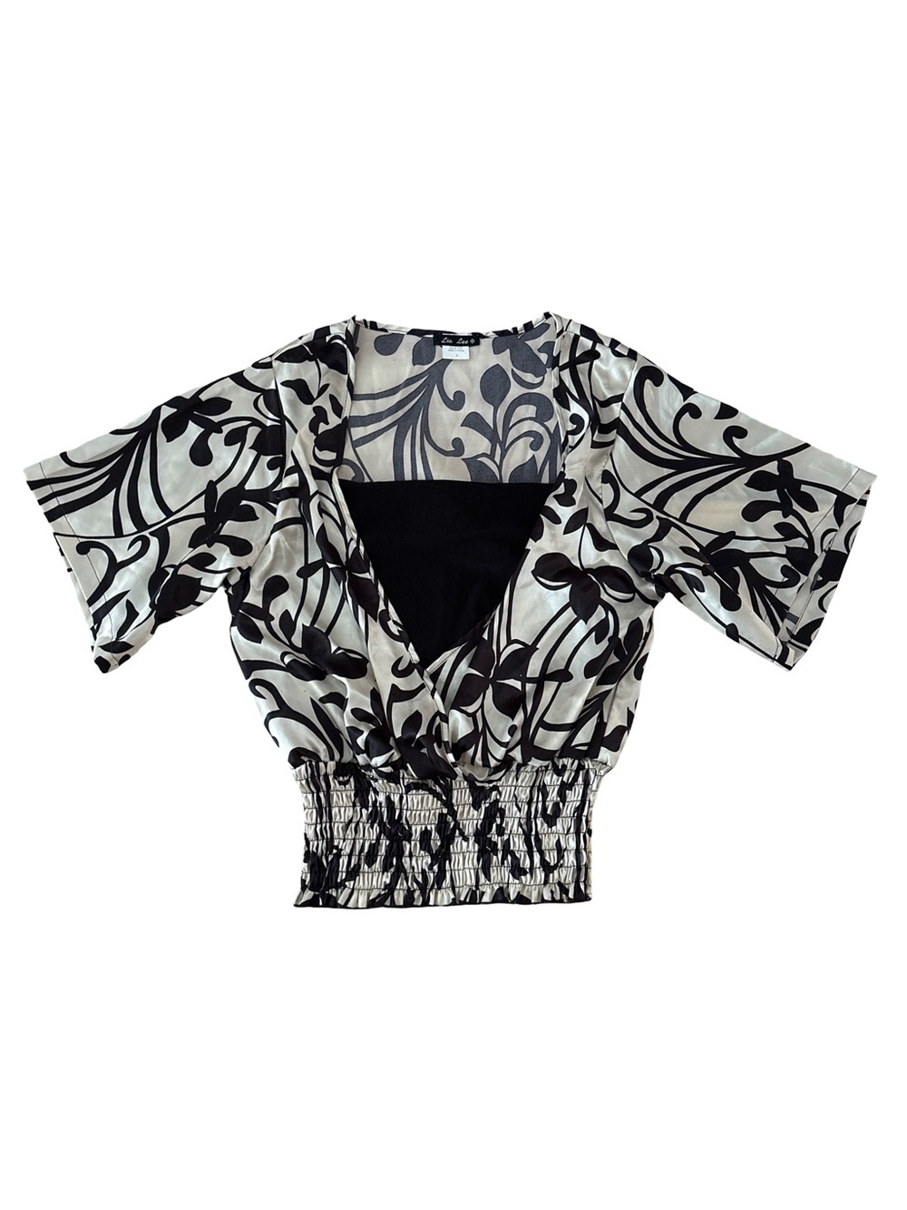 Black & Cream Floral Wrap-Style Women's Top-Y2K
